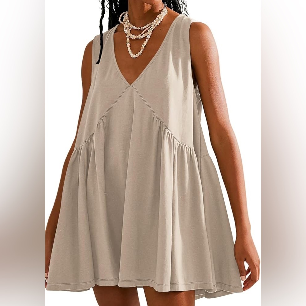 V-Neck Dress Sleeveless Shirt Dress Casual Loose Dress Beach Swing Mini Dress